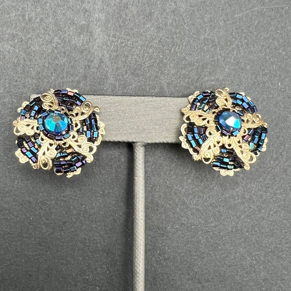 Vintage Clip On Earrings AB Stone‎ Open Filigree Ornate Metal Work Made in Japan